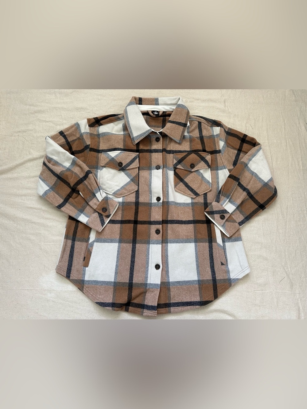 Woolx Sawyer Merino Wool Plaid Shacket XL Brown Beige Oversized Shirt Jacket - Picture 9 of 12